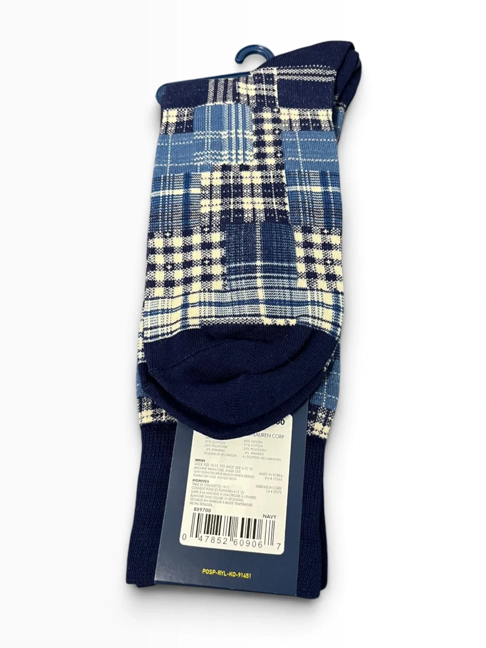 Polo by Ralph Lauren Navy, Light Blue & Cream Plaid Crew Socks with Red Pony